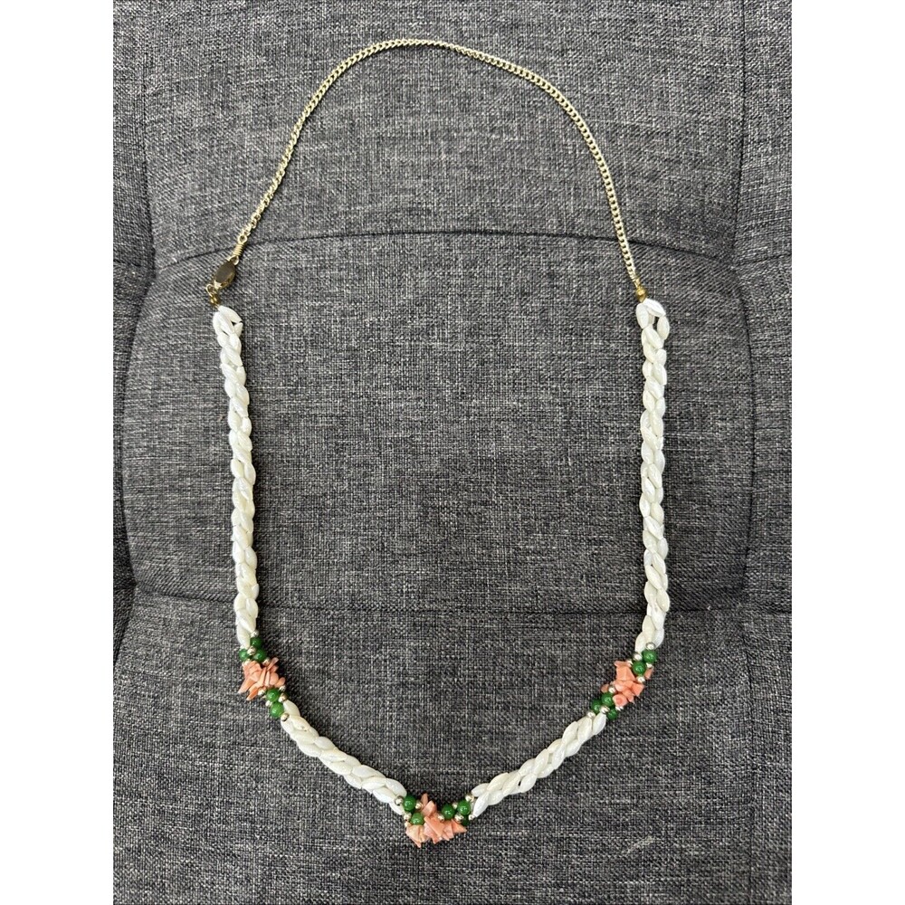 Vintage MOP Shell Necklace Mother of Pearl Coral Jade Twisted Triple Strand 26”